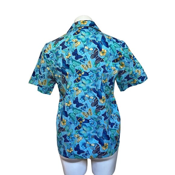 Y2K Women's Whimsical Butterflies Print Button Down Shirt Blue Yellow Small - Picture 5 of 8